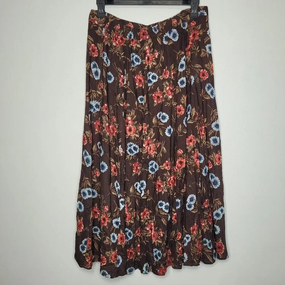 Vintage y2k Honor brown blue button front floral a line full maxi midi skirt 22w